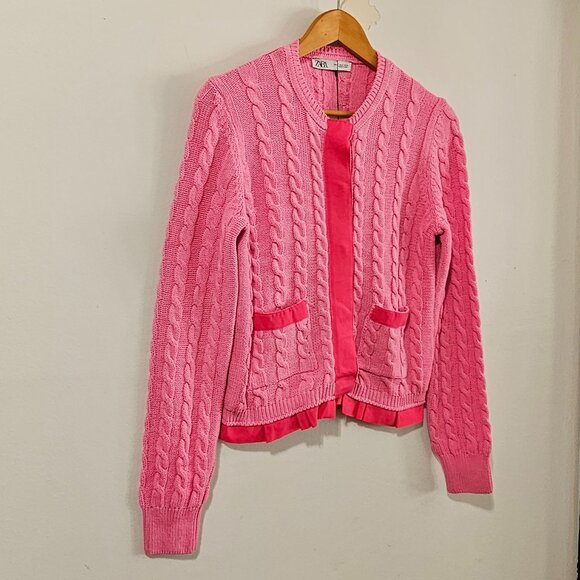Zara Cable Knit Cardigan -Bubblegum pink/Hot pink - Women's Size M -6427/038/630 - Picture 3 of 9